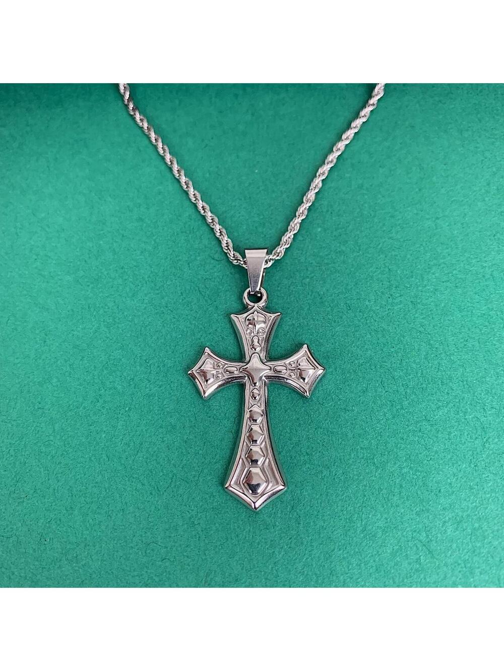 Stainless steel y2k style big gothic grunge silver cross pendant rope chain - Picture 6 of 8
